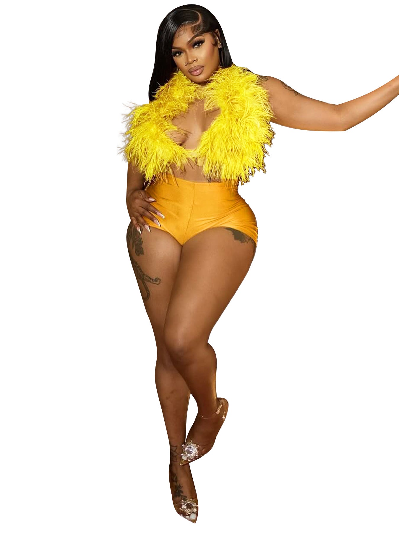 European and American fashion casual women's sexy nightclub halterneck tie feather satin two-piece trouser suit