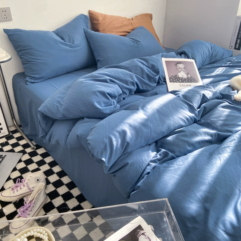 Simple pure color washed cotton bed four-piece spring and autumn Japanese-style bedding bed linen quilt cover single dormitory three-piece set