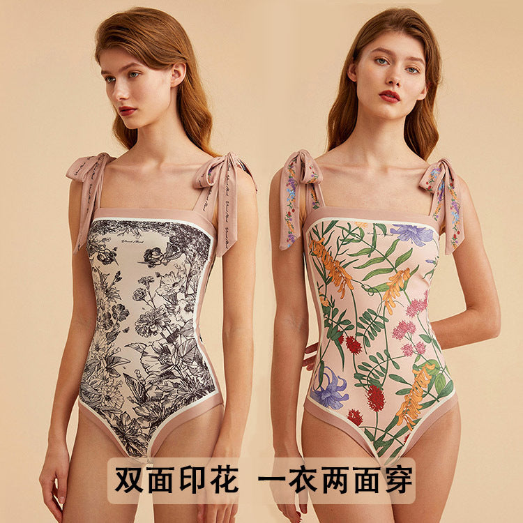 Women's Retro One-Piece Swimsuit โ Double Fabric, Modest Design, Printed Polyester Skirt, Large Size Beachwear