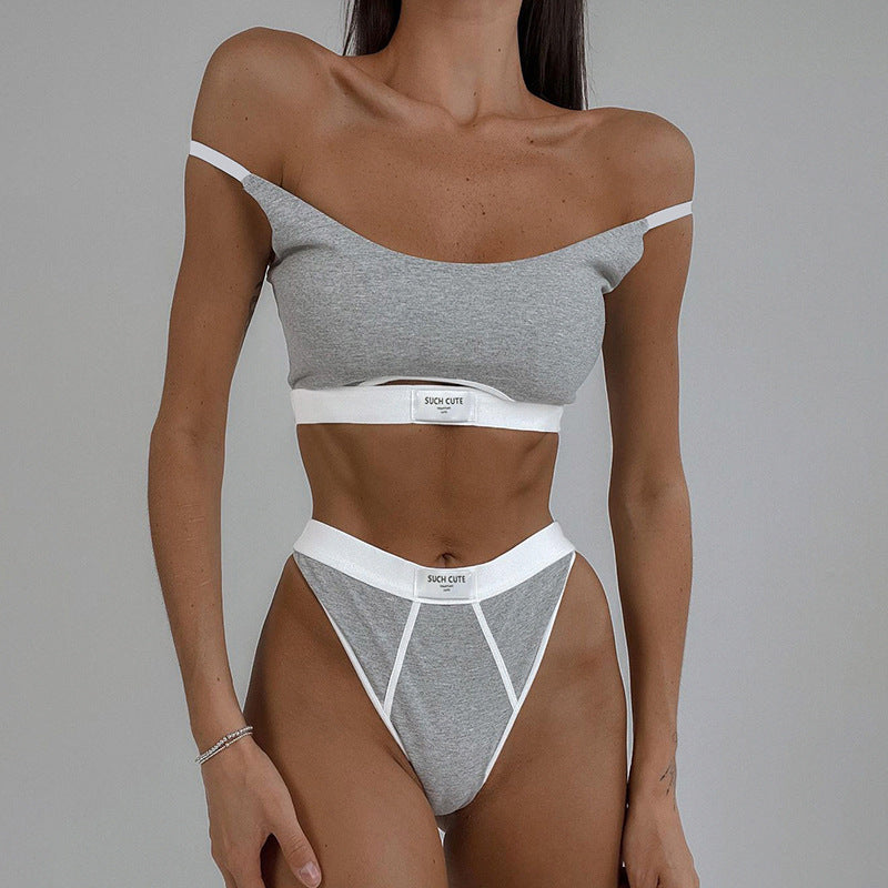 Contrasting Color Stitching Letter Cloth Label Personalized Split U-Neck Adjustable Shoulder Strap Briefs Bra Two-piece Set