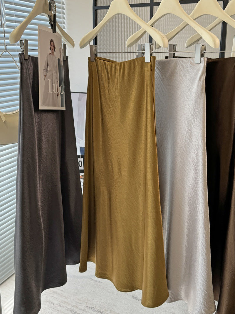 Acetate satin fishtail skirt women's temperament simple drape slim hip A-line midi skirt
