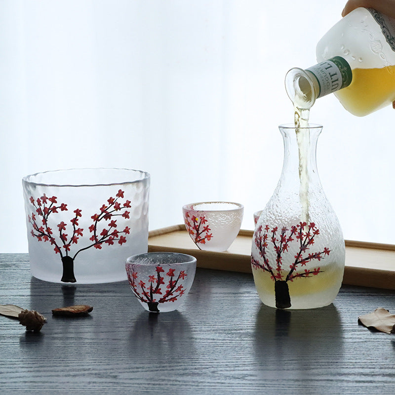 Japanese-style plum blossom thumb sake pot sake cup set creative plum blossom frosted glass wine dispenser liquor set wholesale