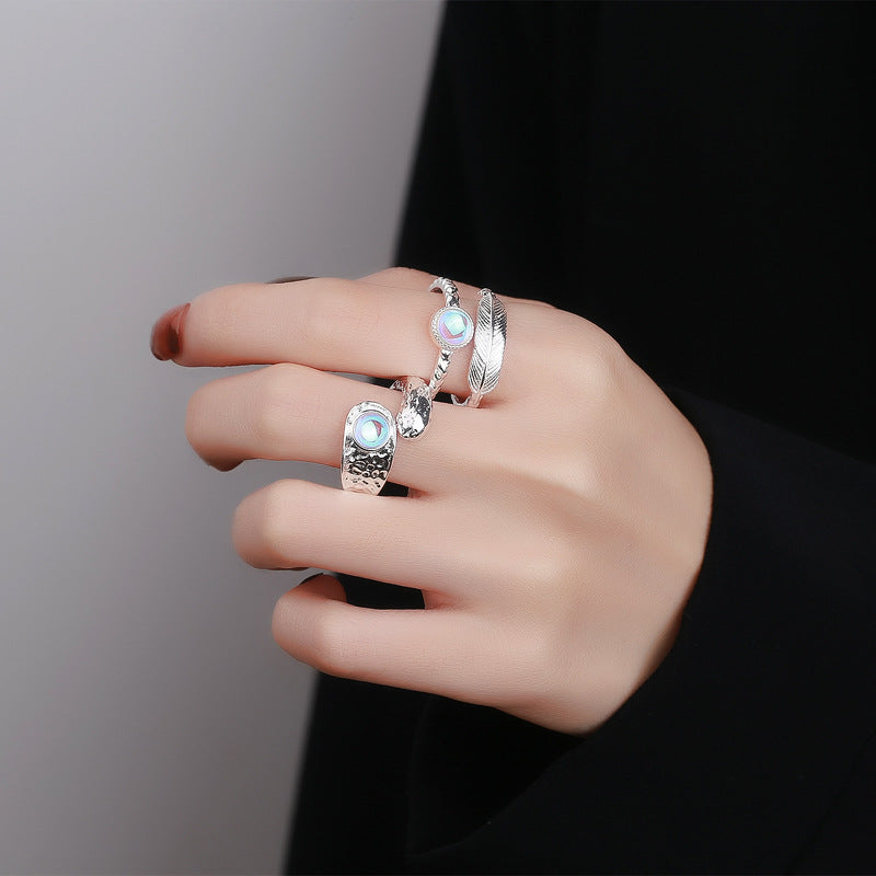 Double-layer opening feather irregular moonstone French ins cold wind minority original design female index finger ring