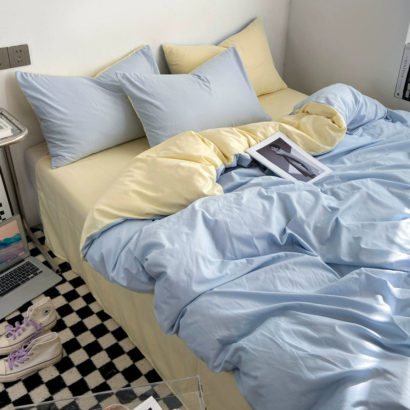 Simple pure color washed cotton bed four-piece spring and autumn Japanese-style bedding bed linen quilt cover single dormitory three-piece set
