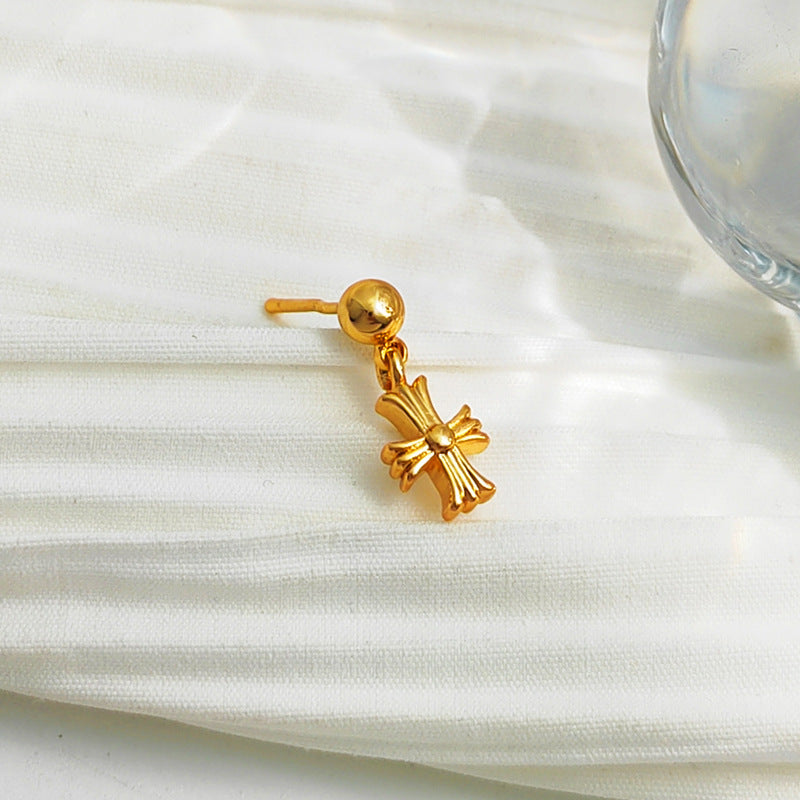 Copper-plated real gold S925 silver needle European and American cross-shaped earrings women's simple earrings temperament inlaid zircon earrings T772