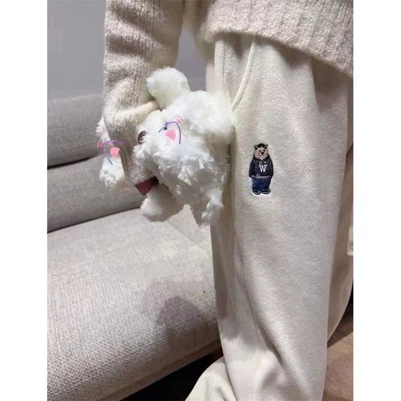 Pure cotton ~ the counter withdraws the bear bear embroidery casual sweatpants women's autumn and winter thickened beam feet look thin all-match sports pants