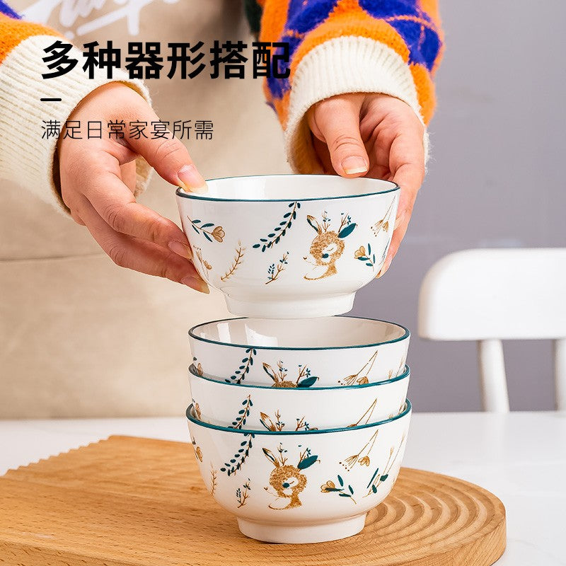Haoya bowl and dish set Japanese household Jingdezhen ceramic tableware bowl dish noodle bowl soup bowl combination 22 heads a deer has you