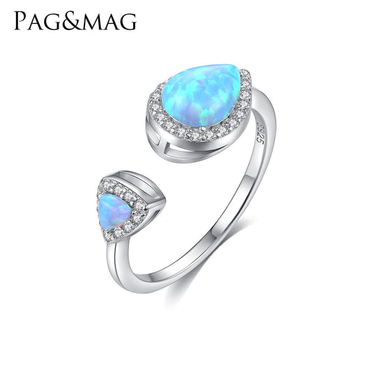 PAG&MAG Sterling Silver S925 European and American Opal Ring Opening Adjustable Women's Ring Cross-Mirror Explosive First Jewelry