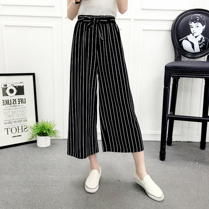 Real shot new spring and autumn wear casual wide-leg pants black and white striped big-leg pants with wide-leg harem pants tide