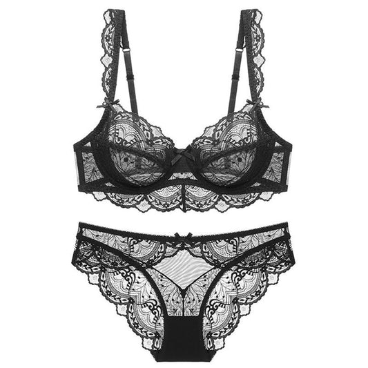 Plus Size Sexy Black Lace Lingerie Set – Ultra-Thin Transparent Bra & Panty | European & American