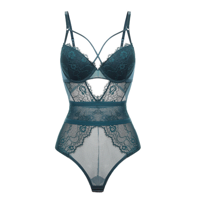 sexy lace one-piece jumpsuit open file push-up bra tight-fitting body sculpting strappy dress