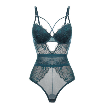 sexy lace one-piece jumpsuit open file push-up bra tight-fitting body sculpting strappy dress