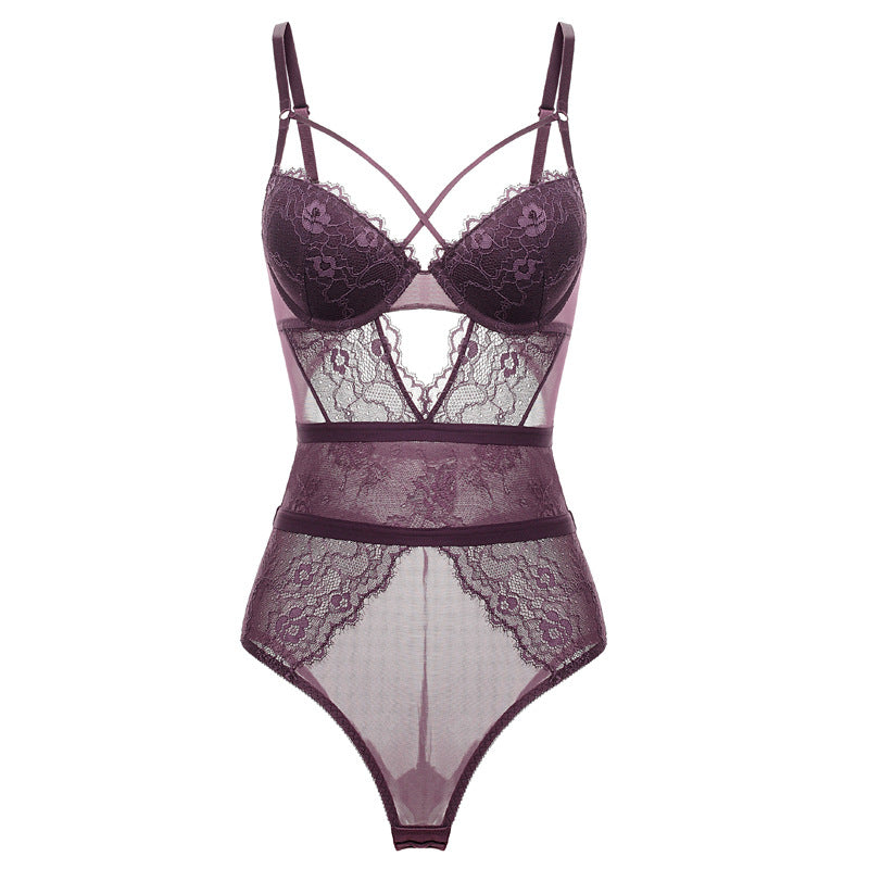 Factory direct sales of sexy lace one-piece jumpsuit open file push-up bra tight-fitting body sculpting strappy dress