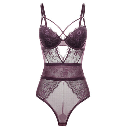 Factory direct sales of sexy lace one-piece jumpsuit open file push-up bra tight-fitting body sculpting strappy dress