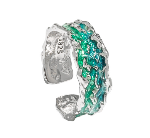 1809 niche design sense irregular texture texture light luxury blue green drip glaze S925 sterling silver ring ring female