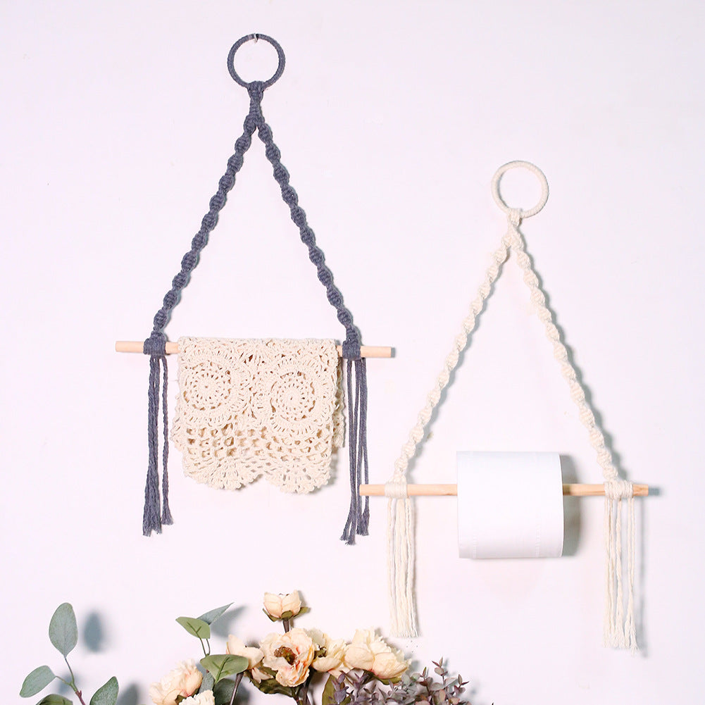 hot selling creative paper roll holder kitchen handmade cotton thread weaving punch-free hotel toilet paper holder vertical pendant