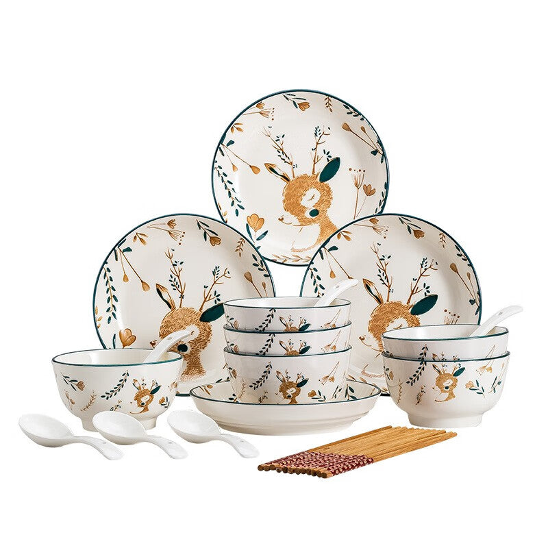 Haoya bowl and dish set Japanese household Jingdezhen ceramic tableware bowl dish noodle bowl soup bowl combination 22 heads a deer has you