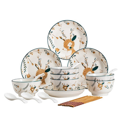 Haoya bowl and dish set Japanese household Jingdezhen ceramic tableware bowl dish noodle bowl soup bowl combination 22 heads a deer has you