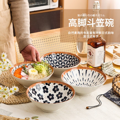 Jiwu Forest Japanese 8-inch Ramen Bowl Bamboo Hat Bowl Household Large Bowl Tableware Large Soup Bowl Instant Noodle Bowl Eating Noodles 4 Pack