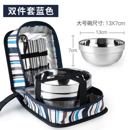 Qifeng Creative Travel Portable Stainless Steel Tableware Spoon Set Retro Tableware Family Tableware Japanese Rice Bowl Bag