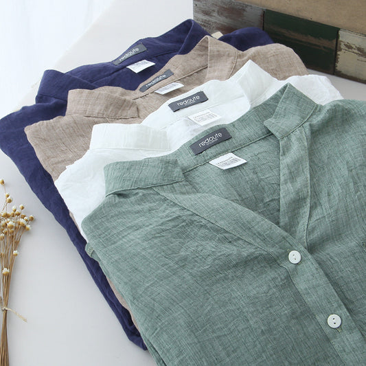 summer new sun protection clothing Japanese style small fresh loose cotton and linen three-quarter sleeves stand-up collar cotton and linen shirt women