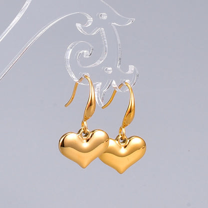 small love cute simple glossy peach heart solid ear hook earrings titanium steel plated 18 gold