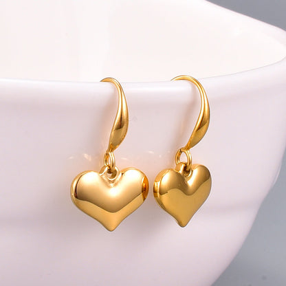 small love cute simple glossy peach heart solid ear hook earrings titanium steel plated 18 gold