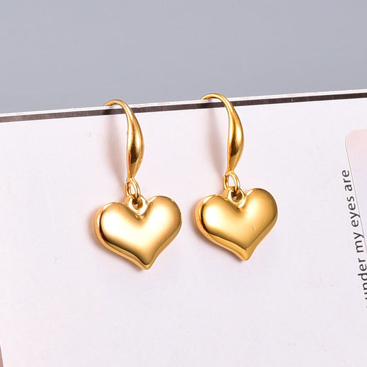 small love cute simple glossy peach heart solid ear hook earrings titanium steel plated 18 gold
