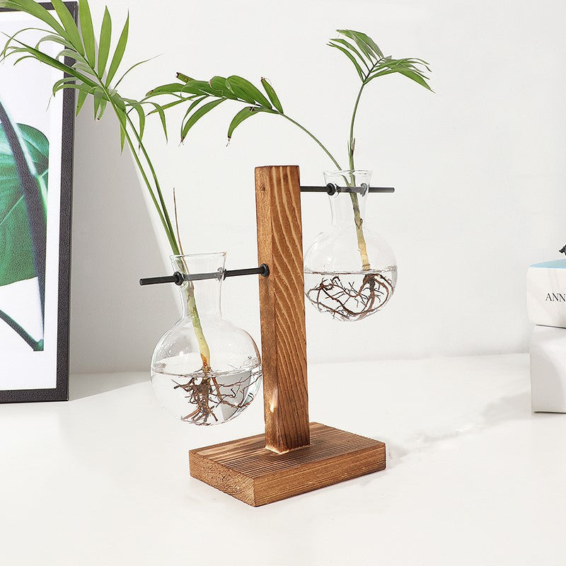 Creative wooden frame hydroponic vase transparent hydroponic glass bottle container flower pot home living room desk