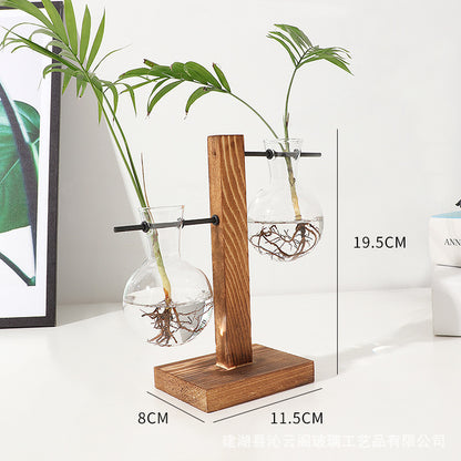 Creative wooden frame hydroponic vase transparent hydroponic glass bottle container flower pot home living room desk