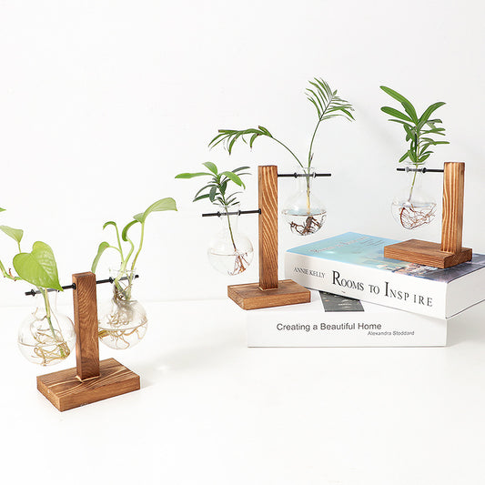 Creative wooden frame hydroponic vase transparent hydroponic glass bottle container flower pot home living room desk