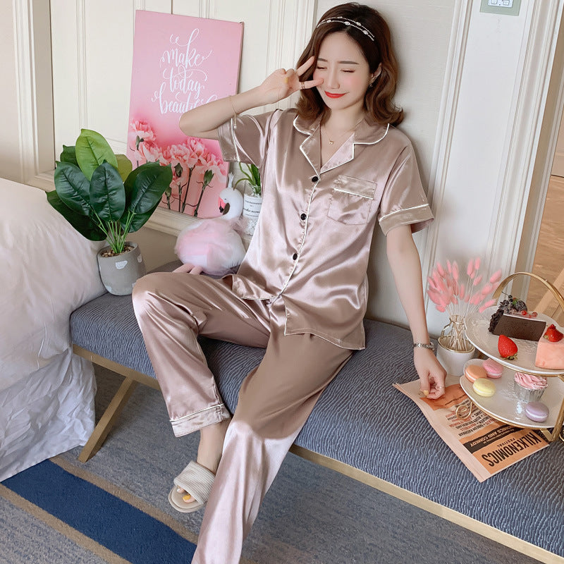 underwear short-sleeved trousers pajamas women's simulation silk lapel suit silk cross-border pajamas