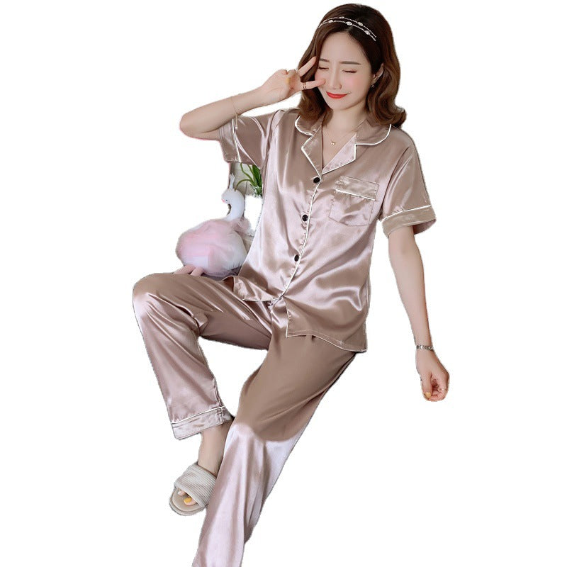 underwear short-sleeved trousers pajamas women's simulation silk lapel suit silk cross-border pajamas