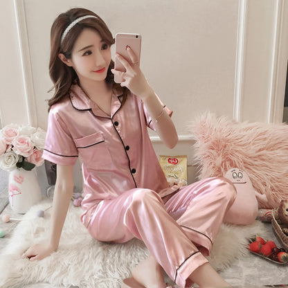 underwear short-sleeved trousers pajamas women's simulation silk lapel suit silk cross-border pajamas