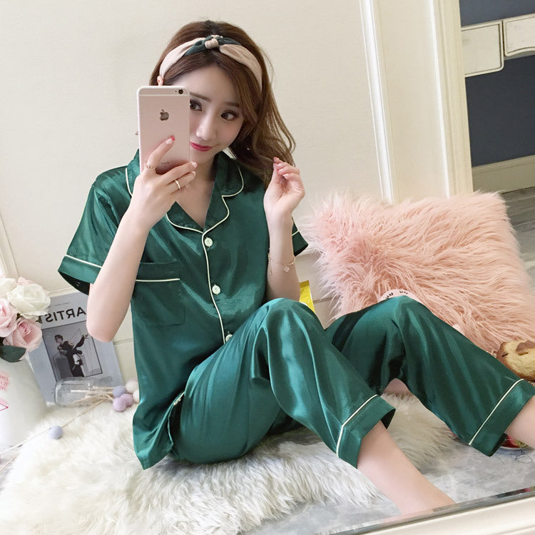 underwear short-sleeved trousers pajamas women's simulation silk lapel suit silk cross-border pajamas