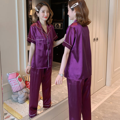 underwear short-sleeved trousers pajamas women's simulation silk lapel suit silk cross-border pajamas