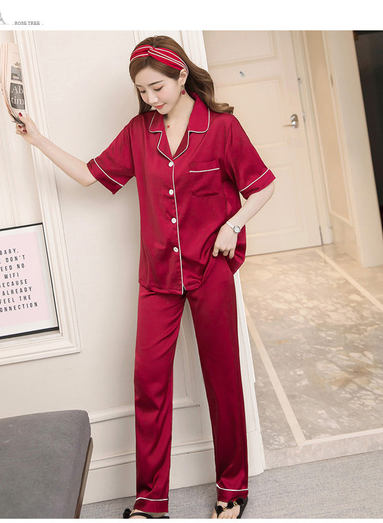 underwear short-sleeved trousers pajamas women's simulation silk lapel suit silk cross-border pajamas