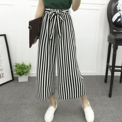 Real shot new spring and autumn wear casual wide-leg pants black and white striped big-leg pants with wide-leg harem pants tide