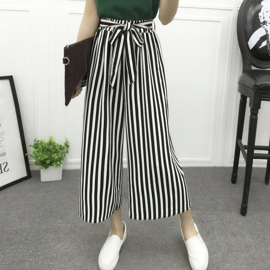 Real shot new spring and autumn wear casual wide-leg pants black and white striped big-leg pants with wide-leg harem pants tide