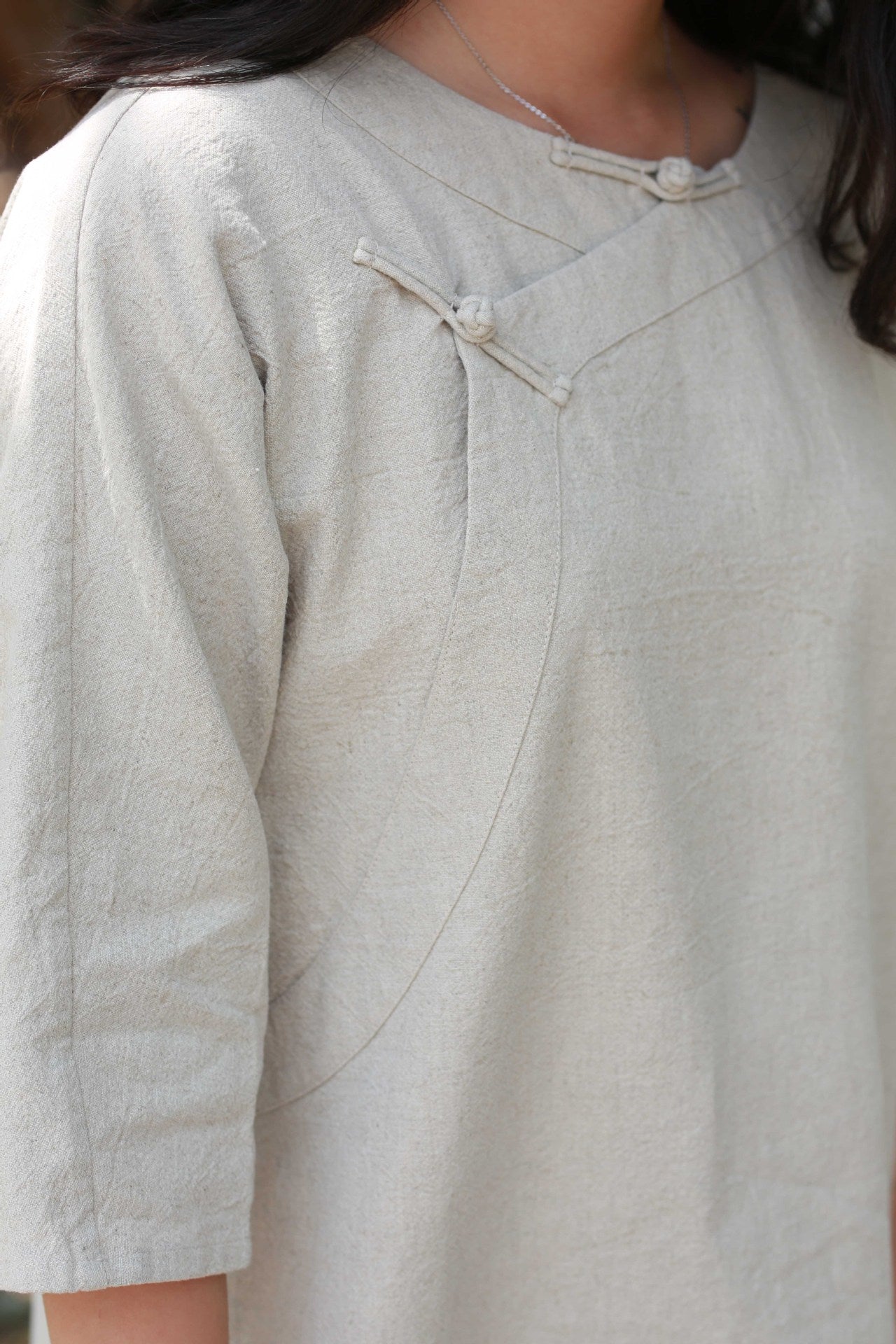 Big clumsy spring and summer style slanted breasted buckle short gown women's beige one piece