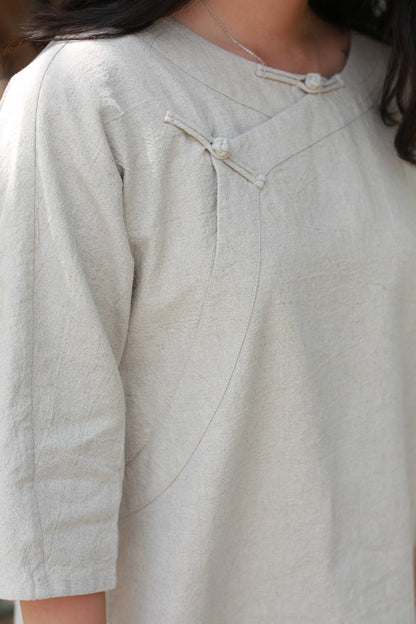 Big clumsy spring and summer style slanted breasted buckle short gown women's beige one piece