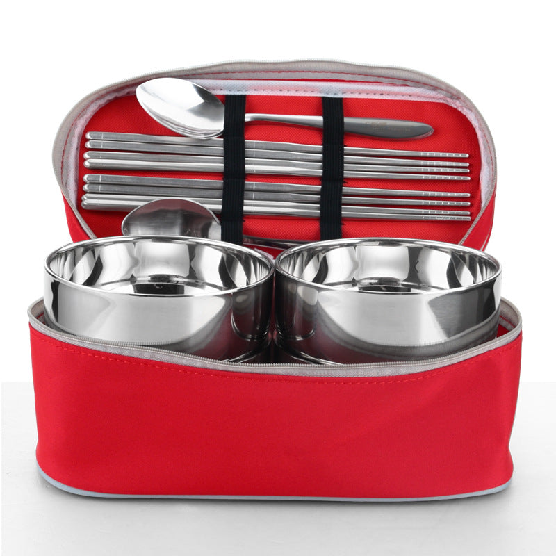 Qifeng Creative Travel Portable Stainless Steel Tableware Spoon Set Retro Tableware Family Tableware Japanese Rice Bowl Bag