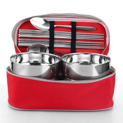 Qifeng Creative Travel Portable Stainless Steel Tableware Spoon Set Retro Tableware Family Tableware Japanese Rice Bowl Bag