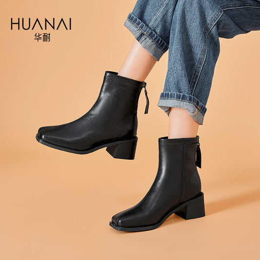 Huanai huanai fashion boots women's daily commuting all-match chunky heel short boots women's boots autumn and winter thin boots