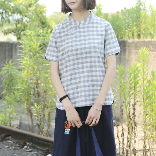 Summer new Japanese retro literature and art fan stand-up collar slanted placket buckle plaid short-sleeved shirt women