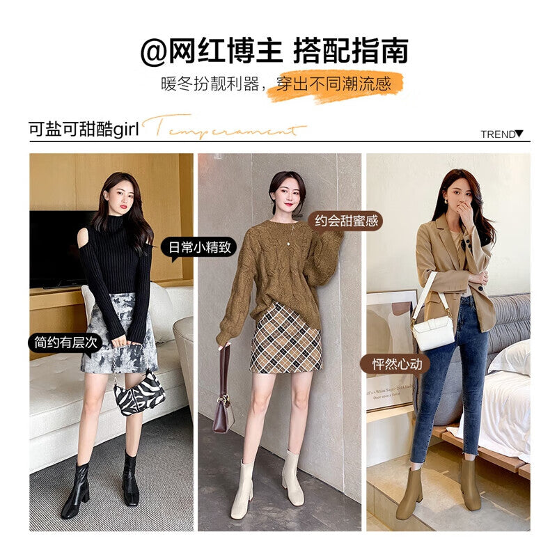 ZHR short boots women's warm and velvet fashion changeable temperament square toe commuter fashion boots women's trendy all-match high-heel retro modern women's boots convenient side zipper boots women CH11A apricot 37