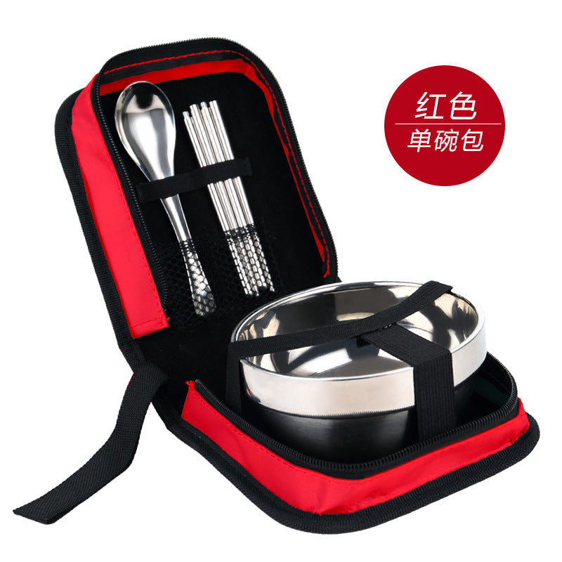 Qifeng Creative Travel Portable Stainless Steel Tableware Spoon Set Retro Tableware Family Tableware Japanese Rice Bowl Bag