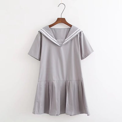 Summer new cotton navy style pleated skirt loose and thin solid color short-sleeved dress C4250
