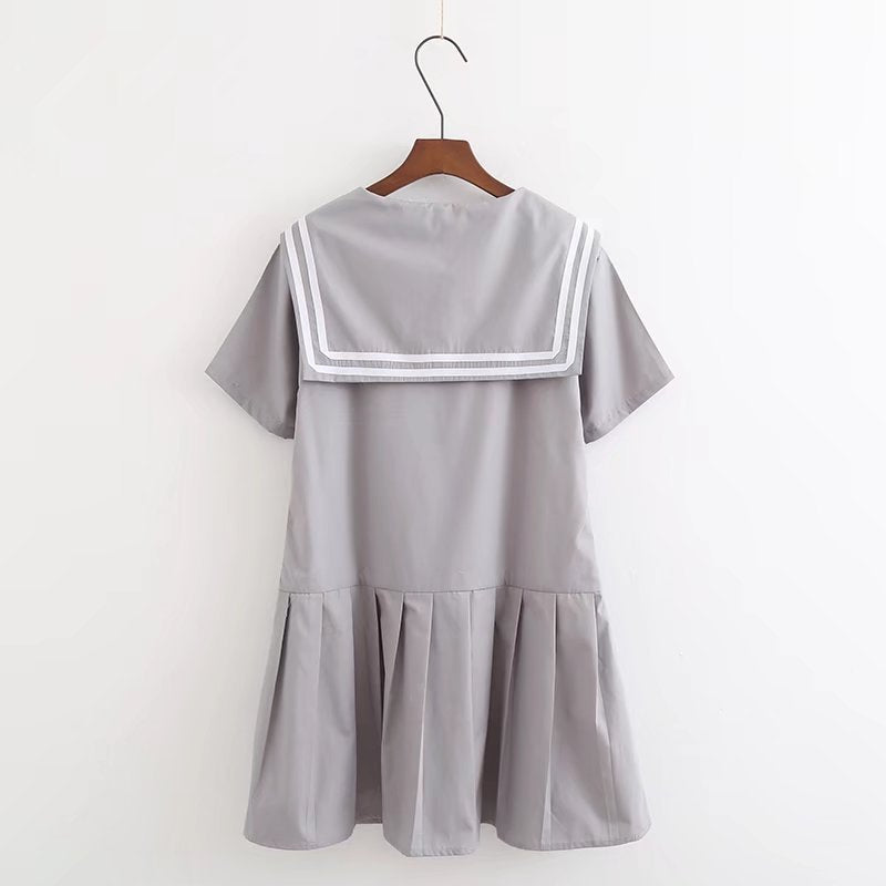 Summer new cotton navy style pleated skirt loose and thin solid color short-sleeved dress C4250