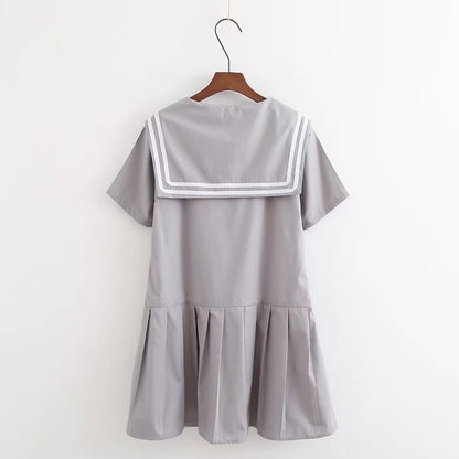 Summer new cotton navy style pleated skirt loose and thin solid color short-sleeved dress C4250